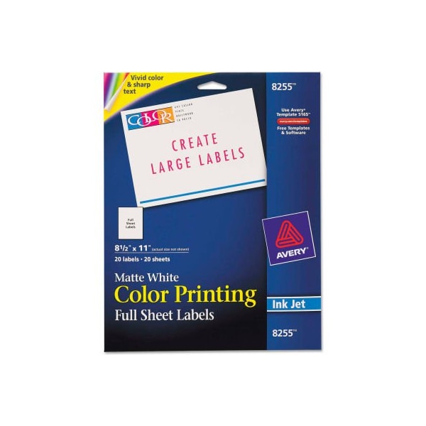 Avery Avery Inkjet Labels for Color Printing, 8-1/2 x 11, Matte White, 20/Pack 8255 - main